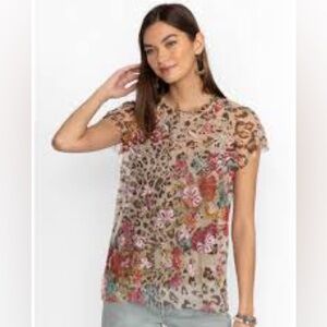 Johnny Was Mazzy Ruffled Neck Multicolor Embroidered Sheer Blouse L